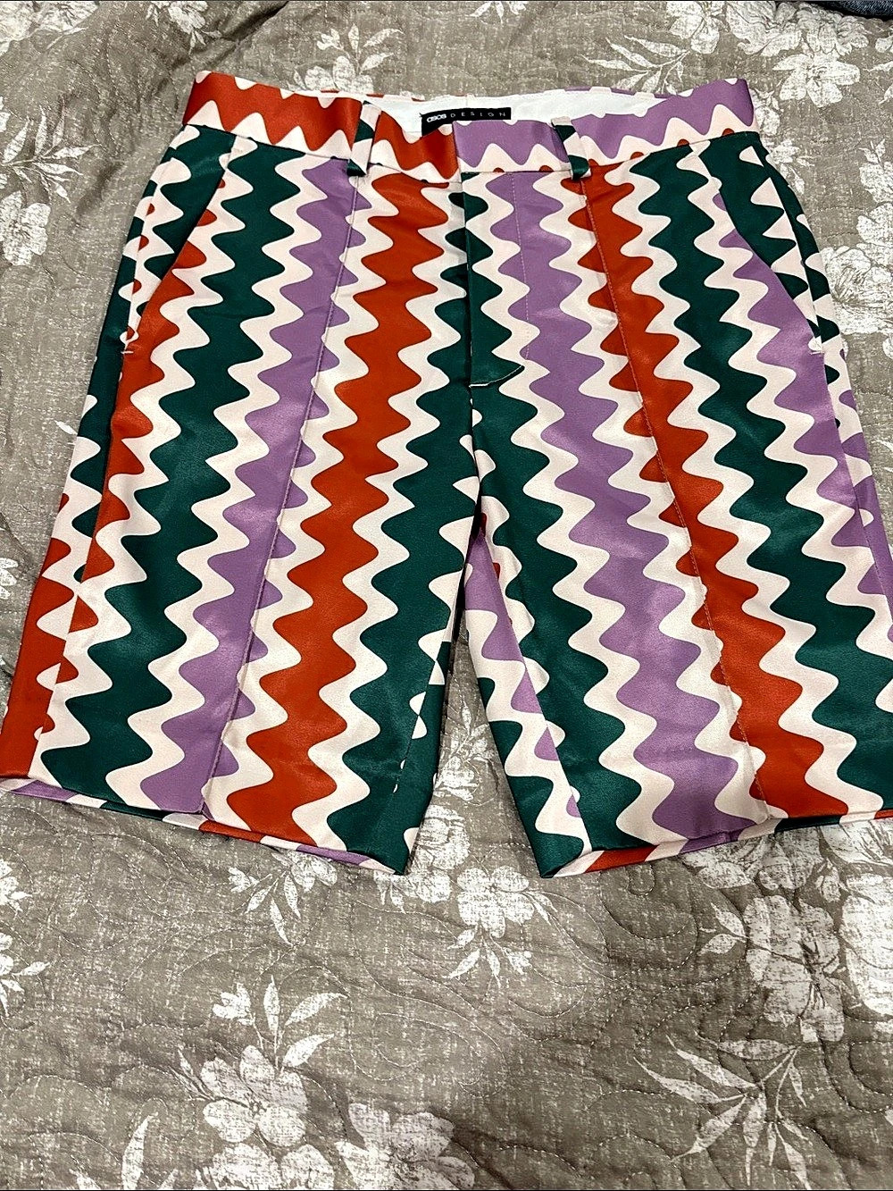 ASOS Design Away From Fire Geometric High Waist Shorts Purple & Green W28